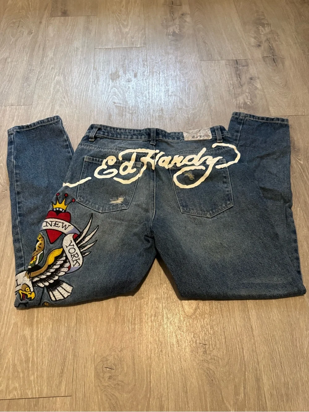 Ed Hardy Blue Slim Straight Jeans with Multicolor Dragon Embroidery